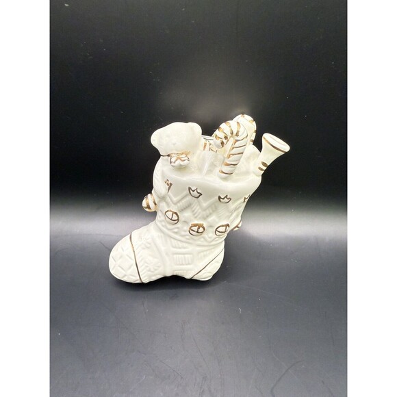 White Porcelain Christmas Stocking Ornament With Gold Accents - Picture 6 of 6